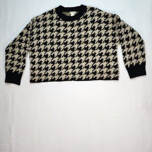 Max Studio Women's Houndstooth Knit Pullover Sweater Black Cream Yellow L